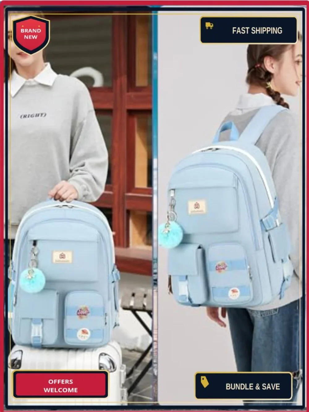 Hidds School Backpack Set with Lunch Box Nylon Teen Girls